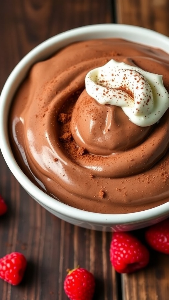 Delicious Low Carb Chocolate Mousse A bowl of low carb chocolate mousse topped with whipped cream and cocoa powder, surrounded by fresh berries.